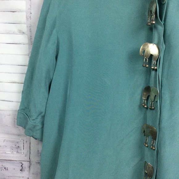 Teal Silk Button Top w/ Silver Elephant Bell Decor Front - Picture 6 of 9
